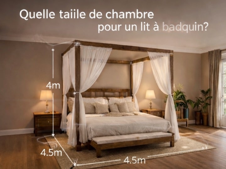 Lit à baldaquin dans une grande chambre avec indication des dimensions minimales recommandées pour l’espace