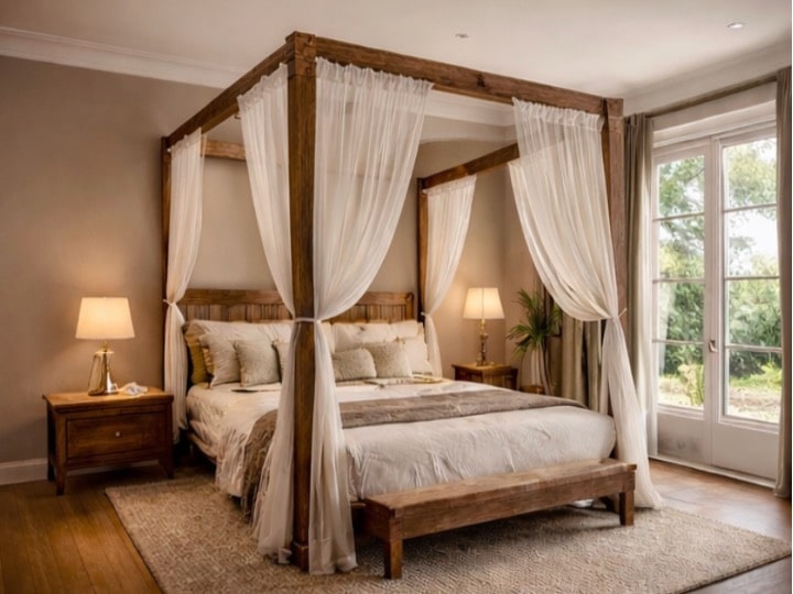 Lit à baldaquin en bois avec voilages blancs dans une chambre lumineuse au style élégant et naturel