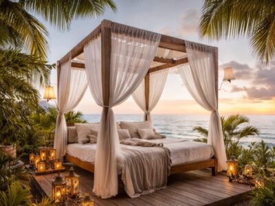 Lit à baldaquin extérieur avec voilages blancs installé sur une terrasse face à la mer au coucher du soleil