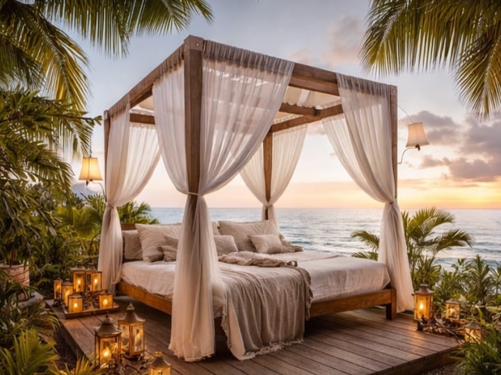 Lit à baldaquin extérieur avec voilages blancs installé sur une terrasse face à la mer au coucher du soleil