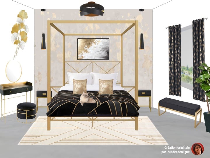 Concept chambre art déco avec lit baldaquin noir et doré