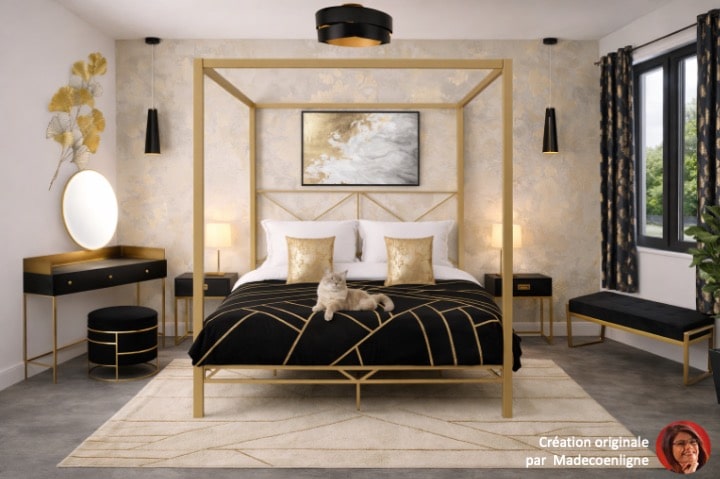 Chambre art déco avec lit baldaquin noir et déco élégante