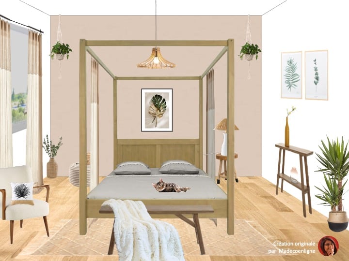 Concept chambre bohème avec lit baldaquin en bois