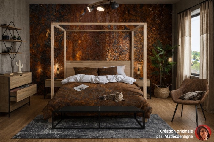 Chambre industrielle avec lit baldaquin bois et métal