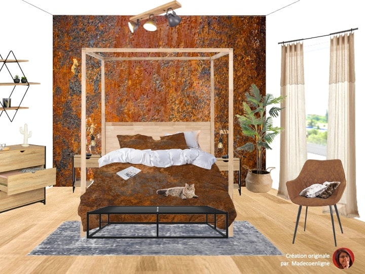 Concept chambre industrielle avec lit baldaquin bois et métal