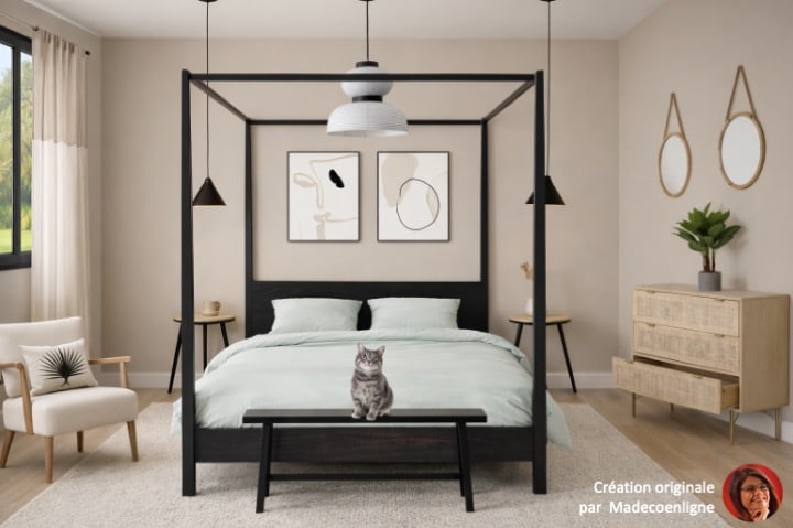 Chambre japandi avec lit baldaquin bois et déco épurée