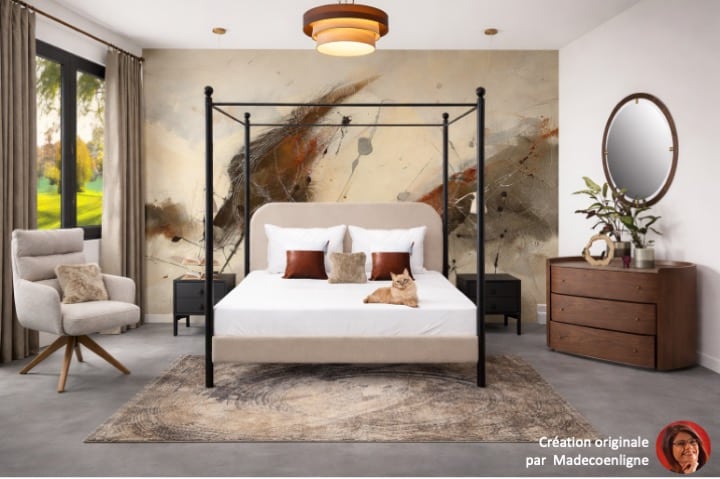 Chambre moderne avec lit baldaquin métal et déco sobre