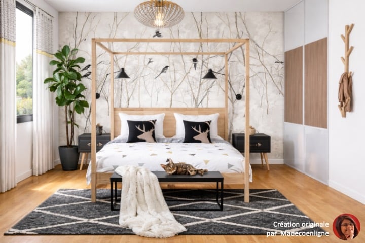 Chambre scandinave avec lit baldaquin bois clair et déco douce