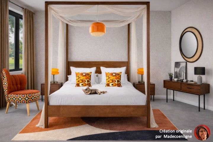 Chambre vintage avec lit baldaquin bois et déco rétro