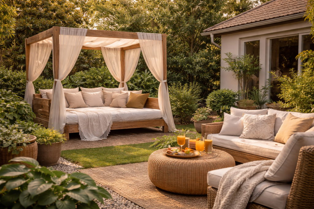 Ambiance exotique lit baldaquin extérieur