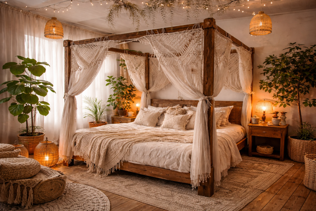 Chambre bohème lit baldaquin rideaux macramé