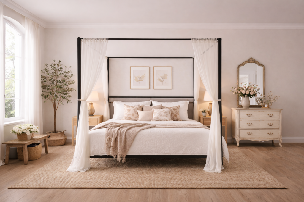 Chambre campagne chic lit baldaquin métal noir