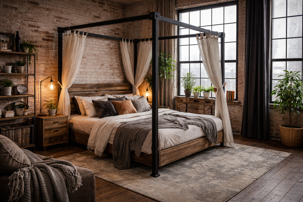 Chambre industrielle lit baldaquin bois métal