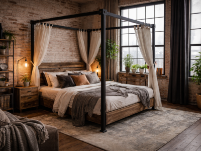 Chambre industrielle lit baldaquin bois métal