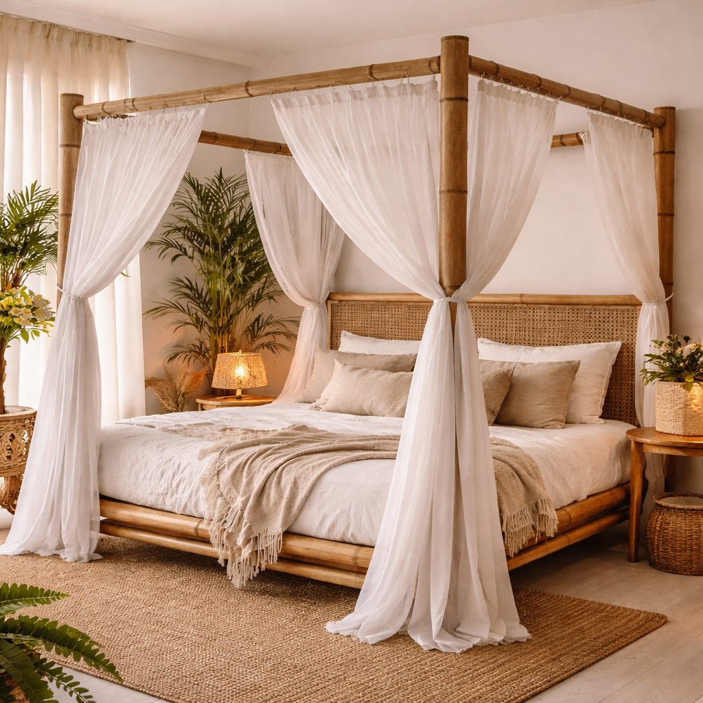 Chambre lit bambou cosy chaleureuse
