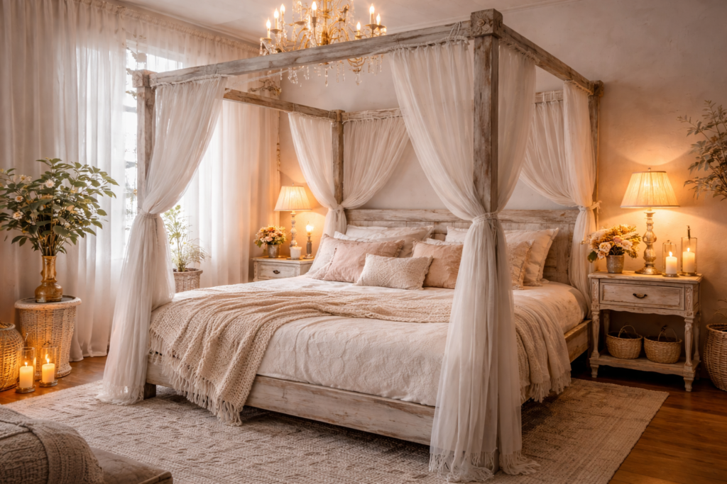 Chambre romantique lit baldaquin bois clair