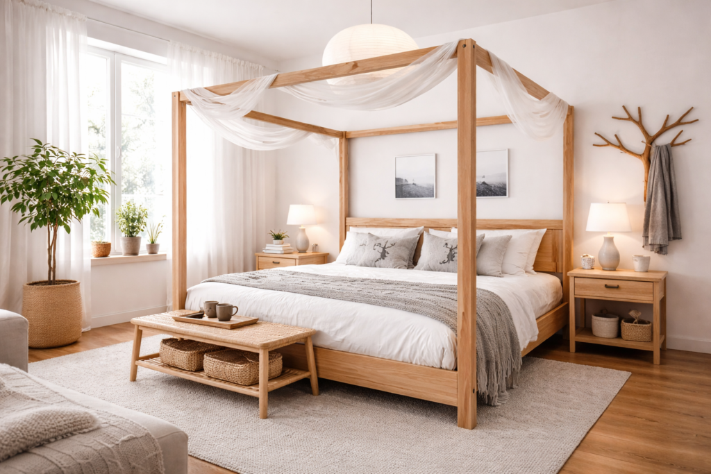 Chambre scandinave lit baldaquin bois clair