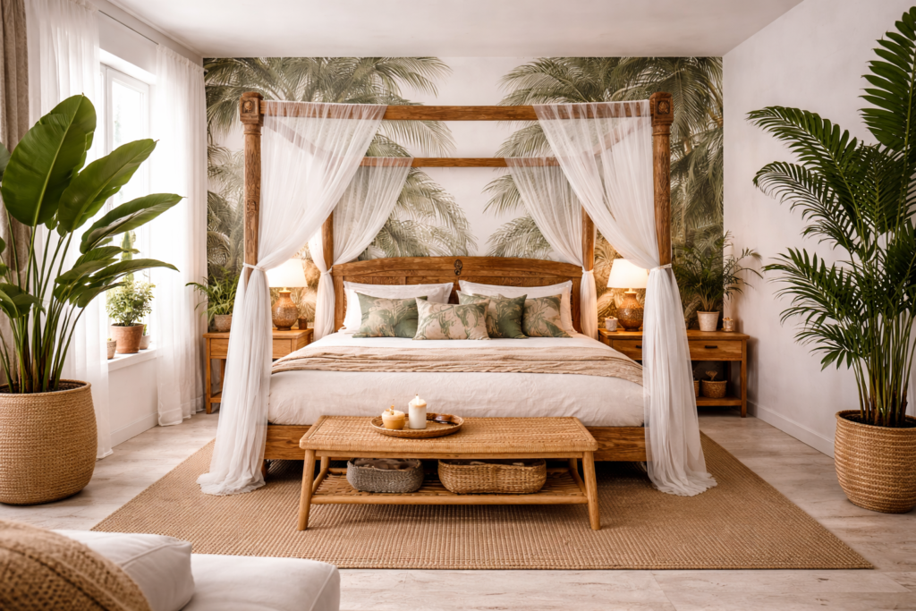 Chambre tropicale exotique lit baldaquin
