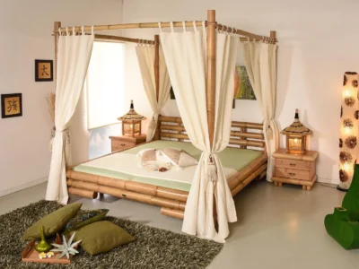 Lit baldaquin bambou clair 180 x 200 cm