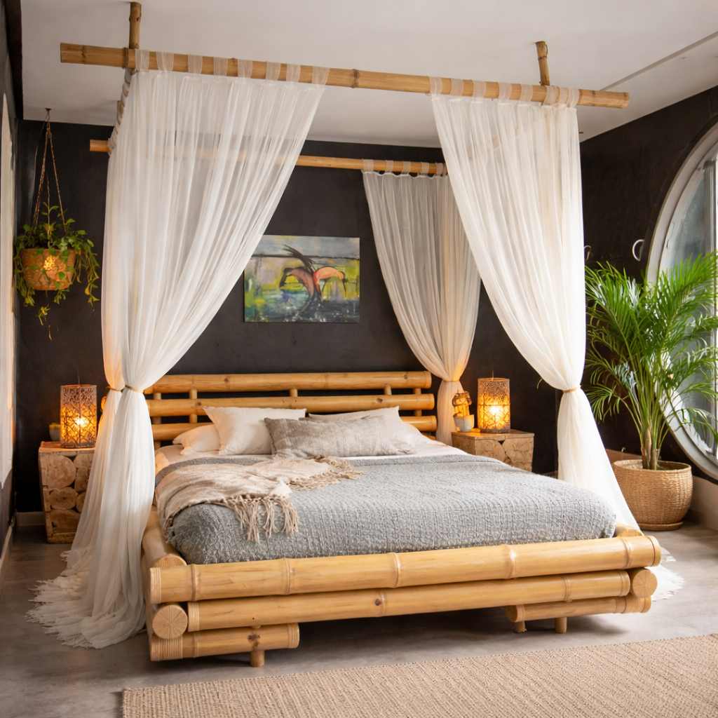 Lit baldaquin bambou supports plafond bambou