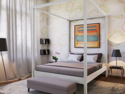 Lit baldaquin bois sapin massif blanc 140 x 190 cm