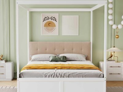 Lit baldaquin blanc bois dossier beige capitonné avec rangements 140 x 200 cm