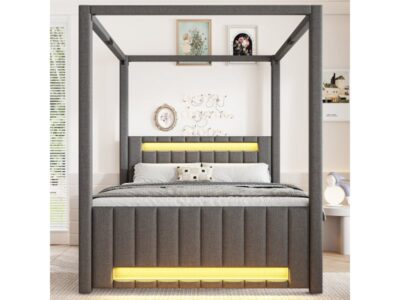Lit baldaquin bois tissu gigogne avec tiroirs et led gris 140 x 200 cm
