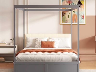Lit baldaquin bois gris tissu avec tiroirs 140 x 200 cm