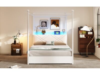 Lit baldaquin bois métal moderne tiroirs blanc led 140 x 109 cm