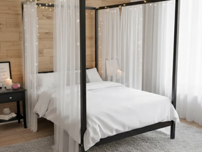Lit baldaquin bois sapin noir 160 x 200 cm