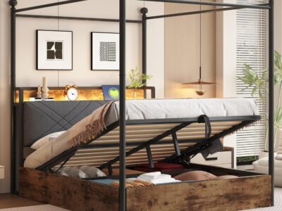 Lit baldaquin industriel métal bois avec coffre de rangement 140 x 190 cm