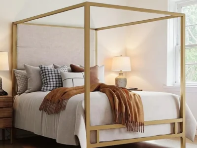 Lit baldaquin metal dore moderne