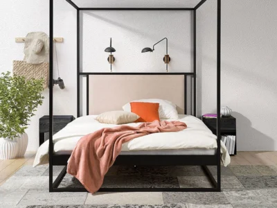 Lit baldaquin noir métal et tête de lit tissu