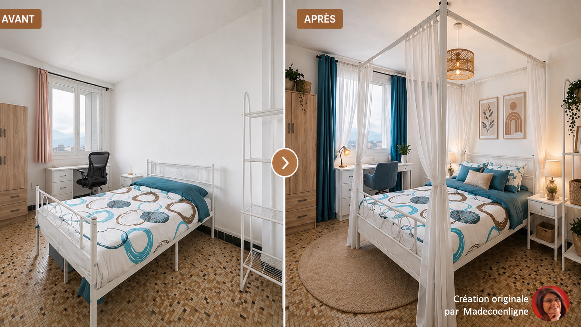 Avant Après chambre moderne blanc bleu bois