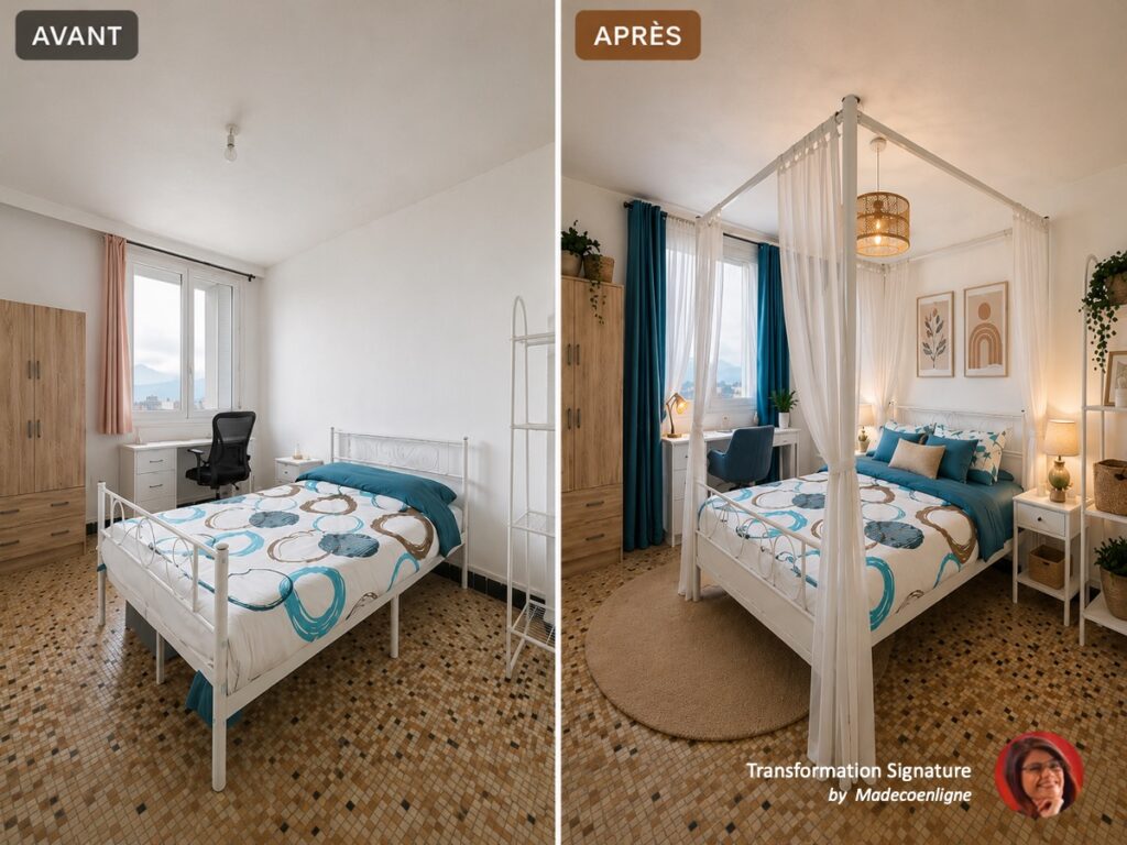 Avant après transformation chambre baldaquin moderne
