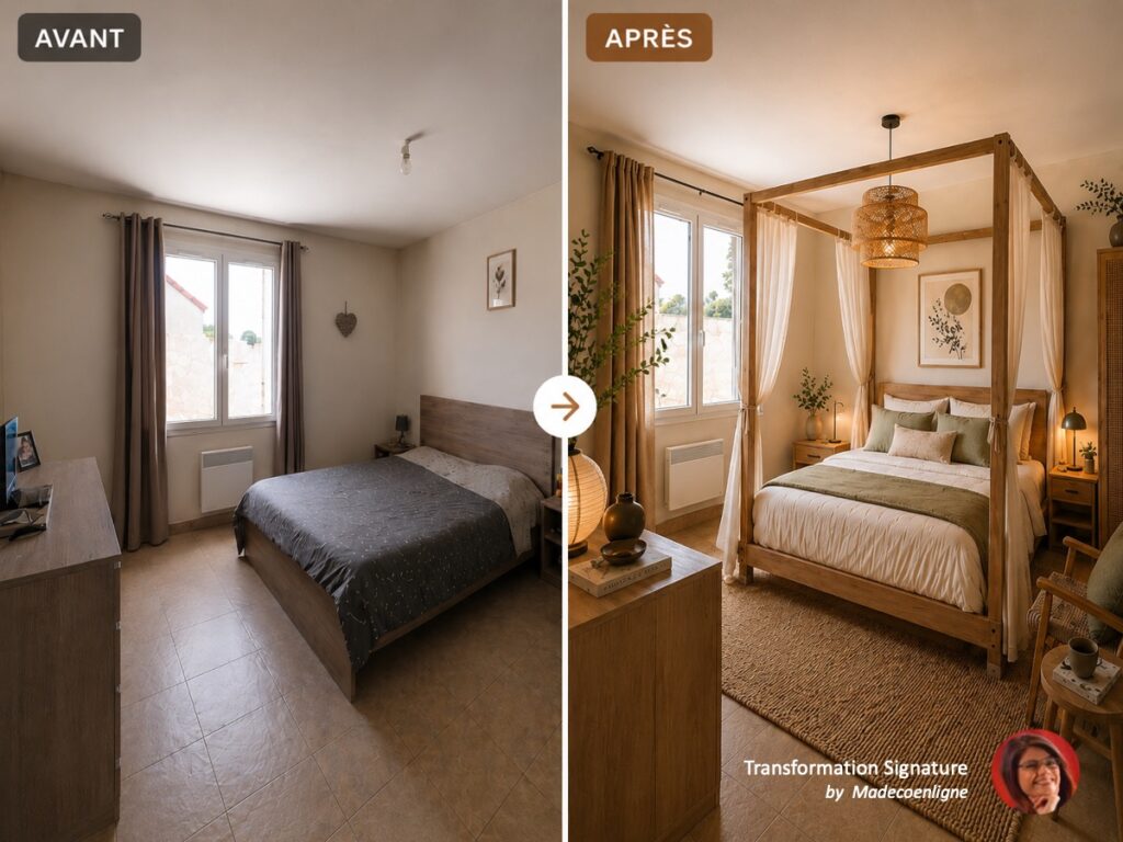 Avant après transformation chambre basique en baldaquin bohème chic
