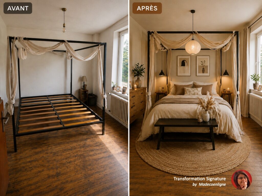 Avant après transformation chambre vente Leboncoin en chambre moderne Japandi