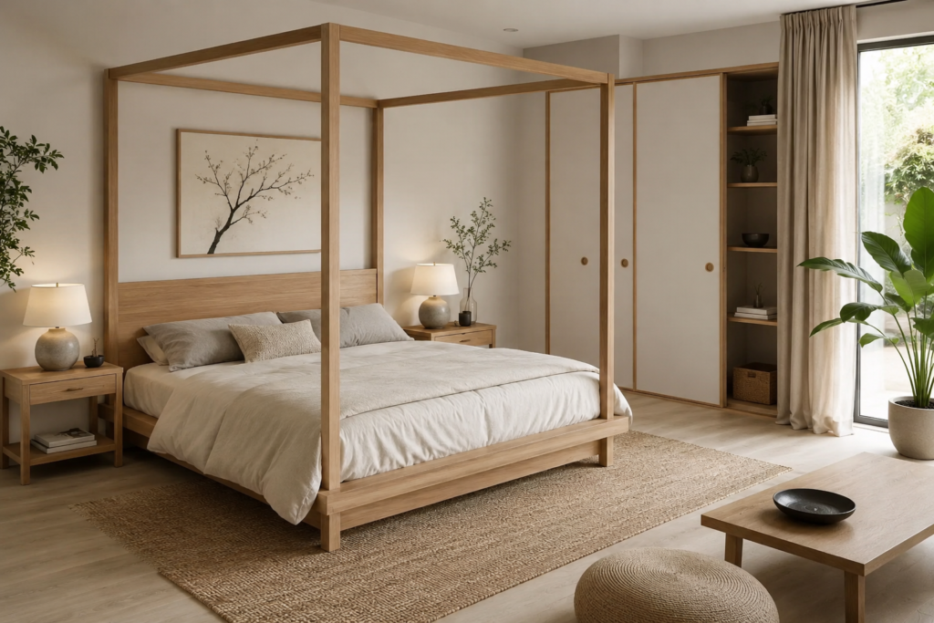Chambre baldaquin japandi bois clair
