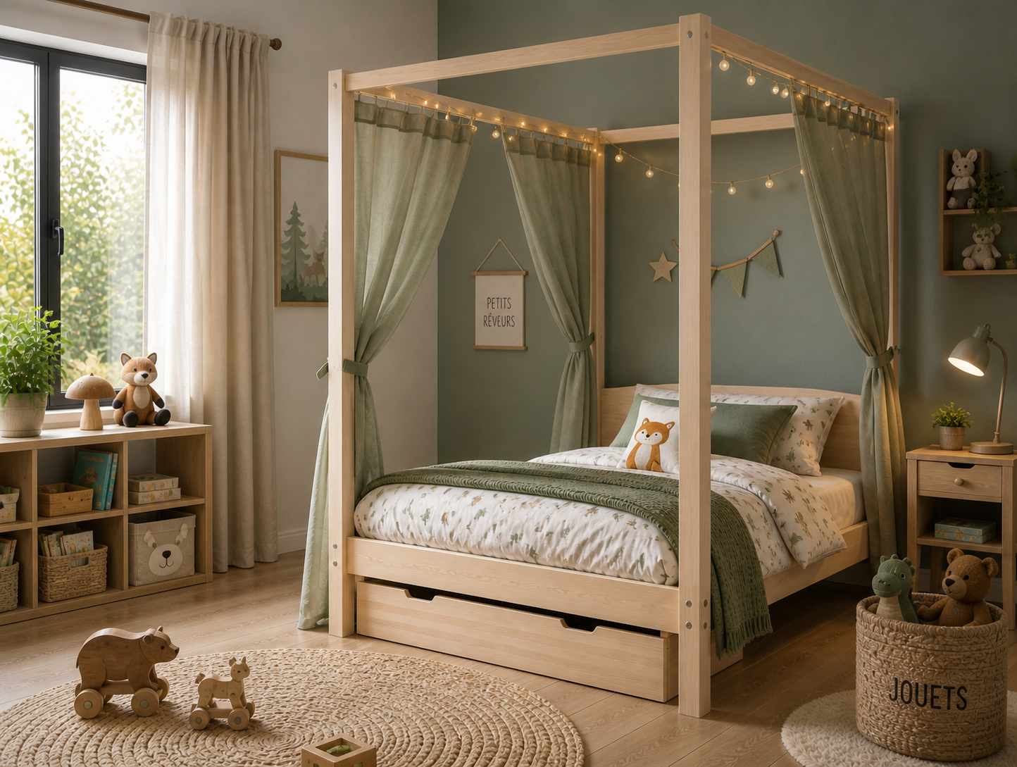 Chambre lit baldaquin enfant bois clair