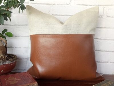 Coussin bicolore tissu blanc Cognac