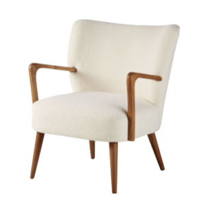 White Bouclé Armchair with Birch Wood