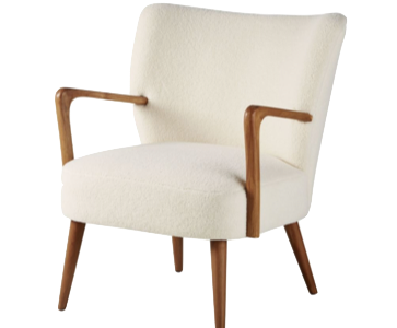 Fauteuil bouclette blanc et bois bouleau