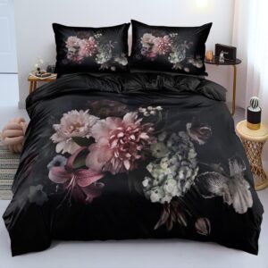Black and Pink Floral Duvet Cover Set
