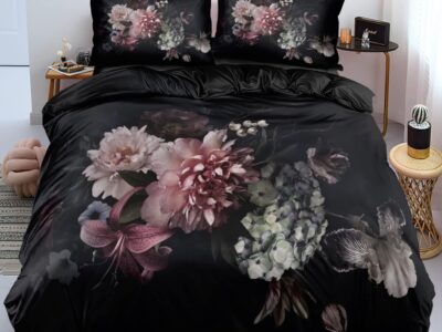 Housse de couette floral noir rose