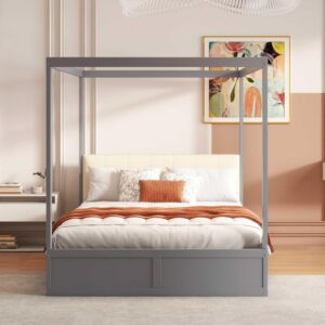 Grey Canopy Bed with Storage Drawers