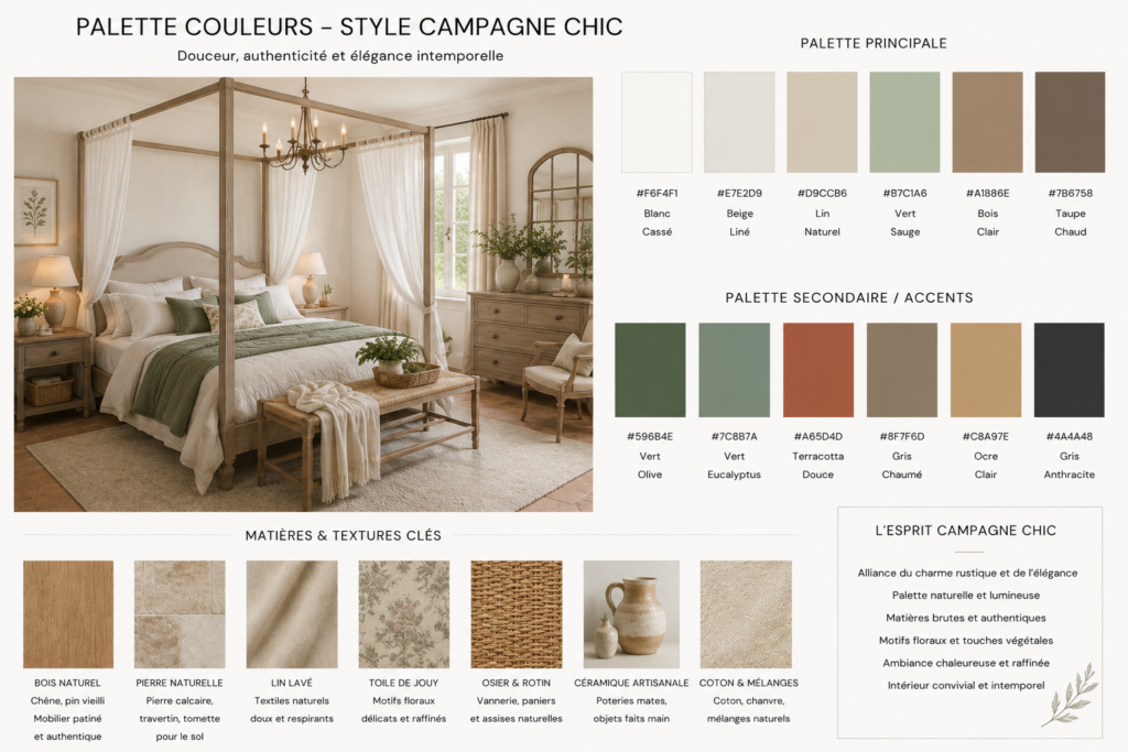 Palette couleurs matières style campagne chic