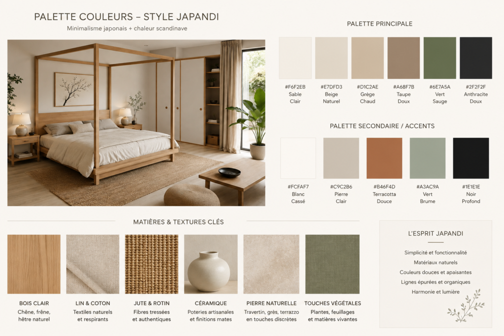 Palette couleurs matières style japandi
