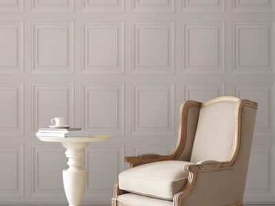 Papier peint trompe l&rsquo;oeil lambrissage gris clair