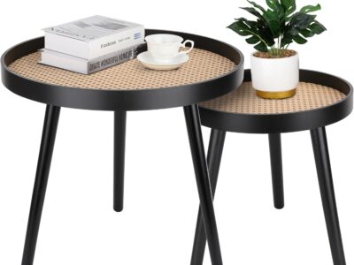 Table d&rsquo;appoint ronde noire rotin