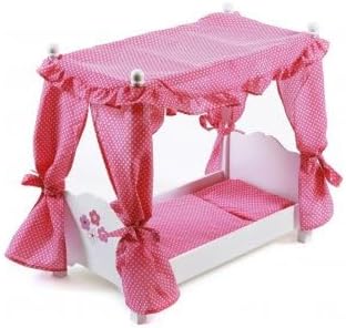 Lit baldaquin poupée bois blanc et rose avec voilage